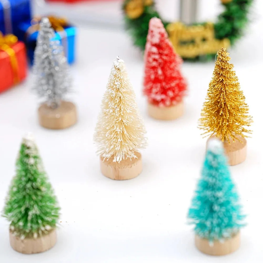 ミニ人工クリスマスツリー・12個パック・木製ベース付き・DIYクラフトやホリデーホームデコレーションに最適な卓上ボトルブラシツリー