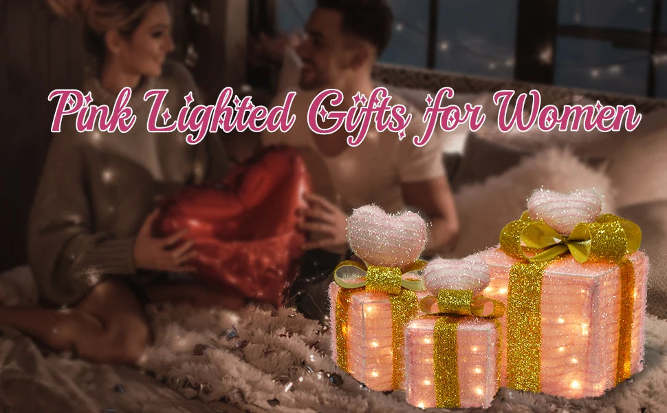 モチーフライト|イベント・クリスマス装飾|ピンクハート型 ライト付ギフトボックス