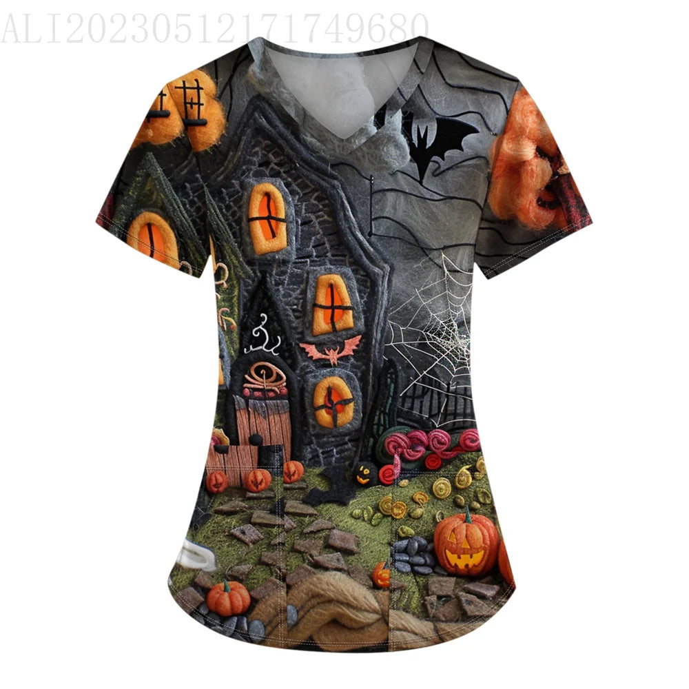 イベント・ハロウィングッズ|ハロウィン総柄プリントVネックTシャツ(S~5XL)