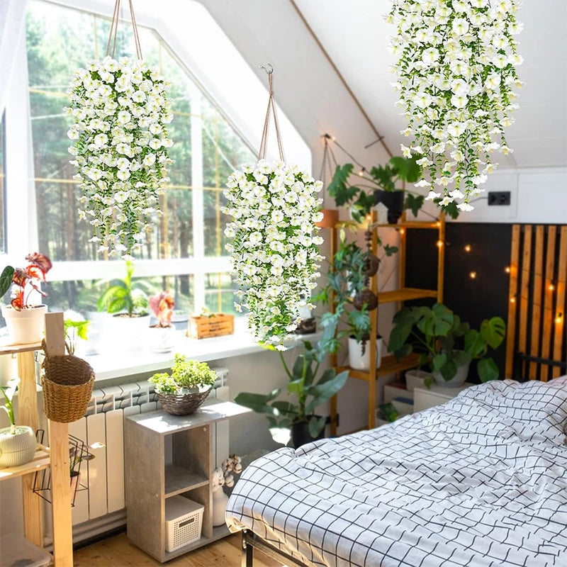 パーティー・ガーデン装飾 造花 75cmホワイト人工ペチュニア吊り下げ 手作りシルク素材