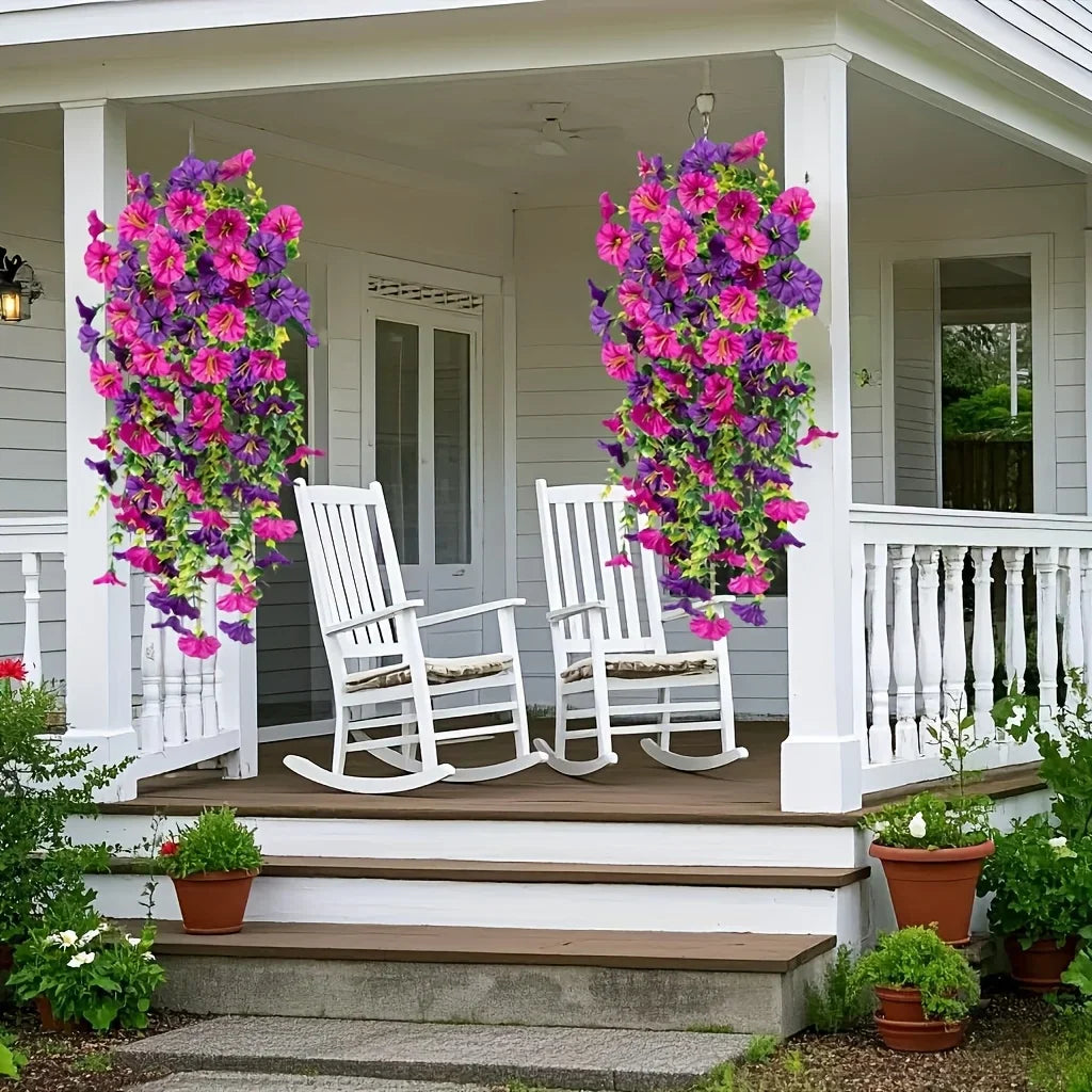 パーティー・ガーデン装飾 造花 ペチュニアとユーカリ2段重ね 屋外用吊り下げセット