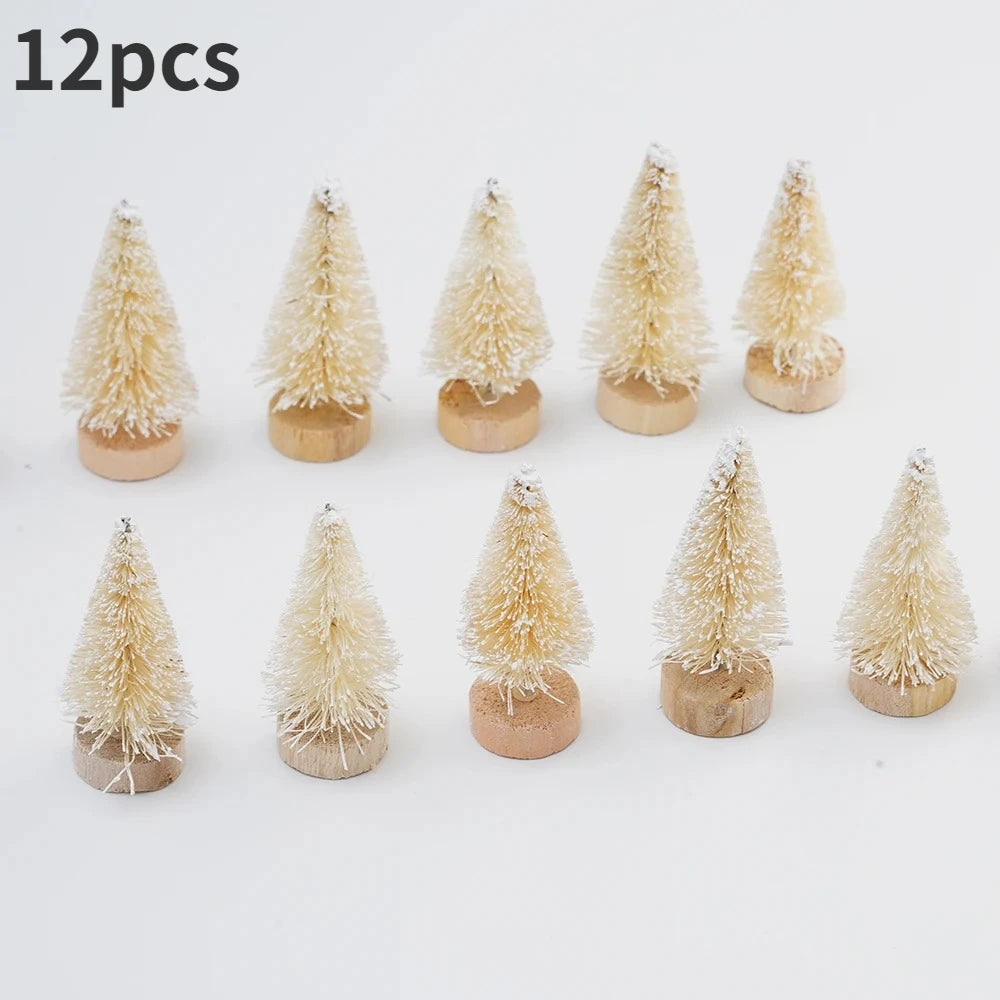 ミニ人工クリスマスツリー・12個パック・木製ベース付き・DIYクラフトやホリデーホームデコレーションに最適な卓上ボトルブラシツリー