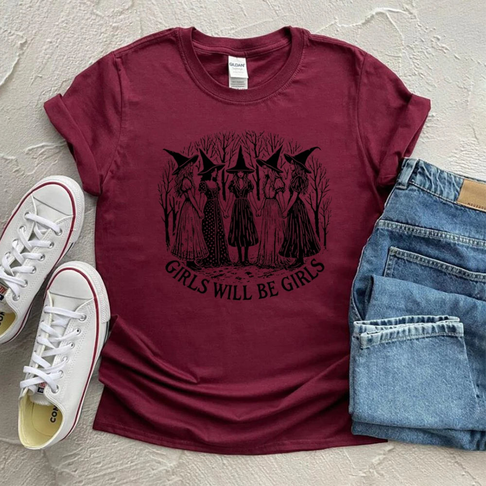 イベント・ハロウィングッズ|レディース ハロウィンヴィンテージ魔女柄 Tシャツ(S~3XL)