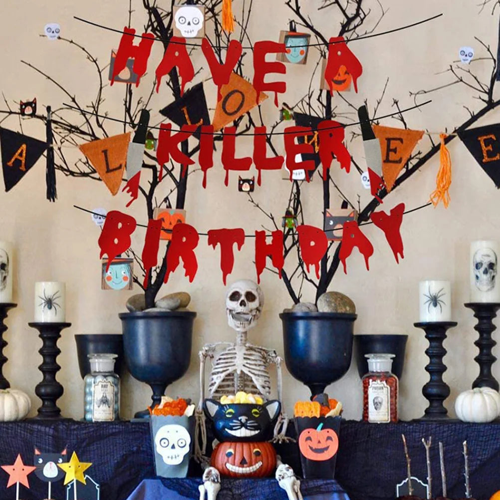 イベント・ハロウィン装飾|ハロウィン血のナイフバナーセット(16×13cm)