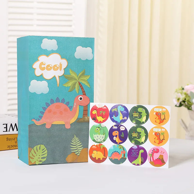 |ノベルティ用品 | ステッカー付恐竜プリント紙バッグ12個セット | W13×H24×D8