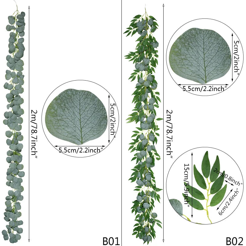 グリーンユーカリの葉ガーランド・藤の造花・ラタンフェイク植物・シルクの葉つる