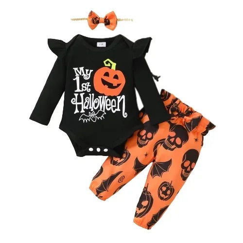 イベント・ハロウィングッズ|ハロウィンパンプキン柄 ベビー服3点セット(3〜6ヶ月)