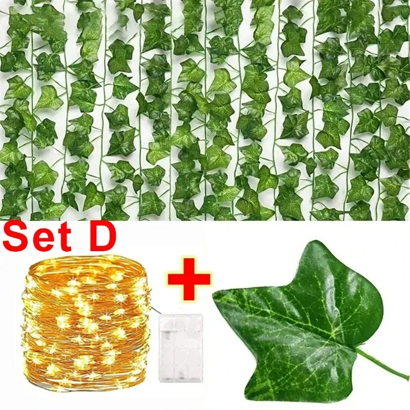 人工植物・グリーンアイビーリーフ・フェアリーライトガーランド・シルク製