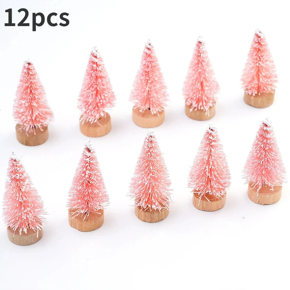 ミニ人工クリスマスツリー・12個パック・木製ベース付き・DIYクラフトやホリデーホームデコレーションに最適な卓上ボトルブラシツリー