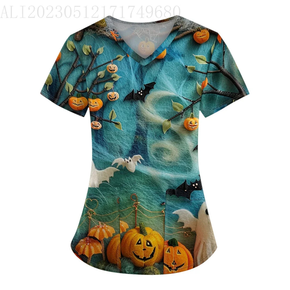 イベント・ハロウィングッズ|ハロウィン総柄プリントVネックTシャツ(S~5XL)