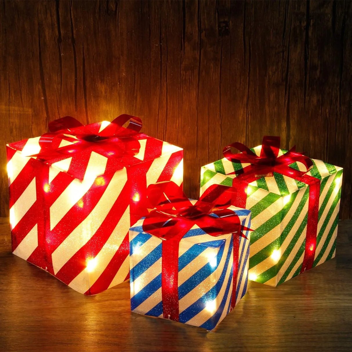 モチーフライト|イベント・クリスマス装飾|LED付きクリスマスギフトボックスセット(3個セット)