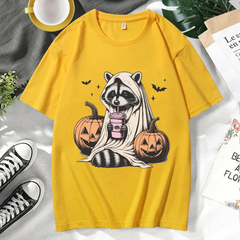 イベント・ハロウィングッズ| メンズ アライグマゴースト柄Tシャツ(XS~3XL)