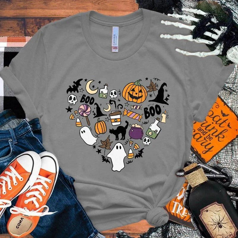 イベント・ハロウィングッズ|レディース パンプキンハート柄 Tシャツ(XS~4XL)