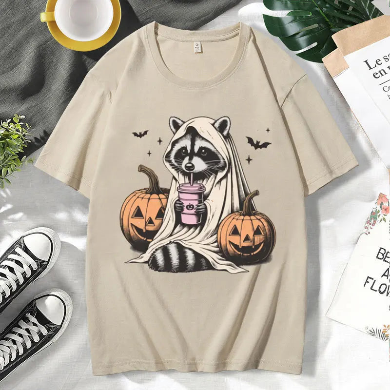 イベント・ハロウィングッズ| メンズ アライグマゴースト柄Tシャツ(XS~3XL)