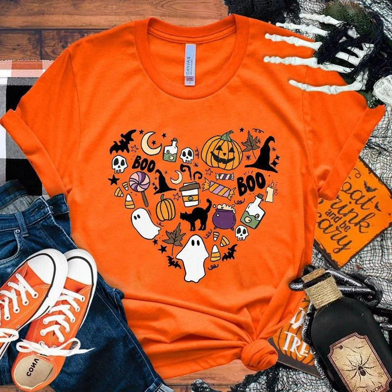 イベント・ハロウィングッズ|レディース パンプキンハート柄 Tシャツ(XS~4XL)