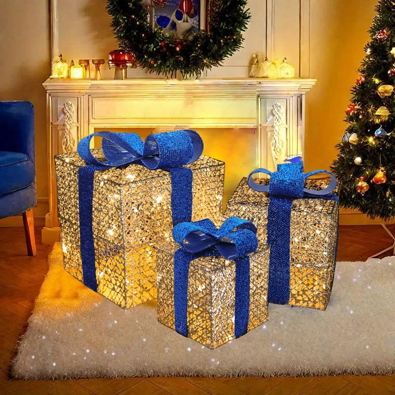 モチーフライト|イベント・クリスマス装飾|LEDリボン付きクリスマスギフトボックス(3個セット)