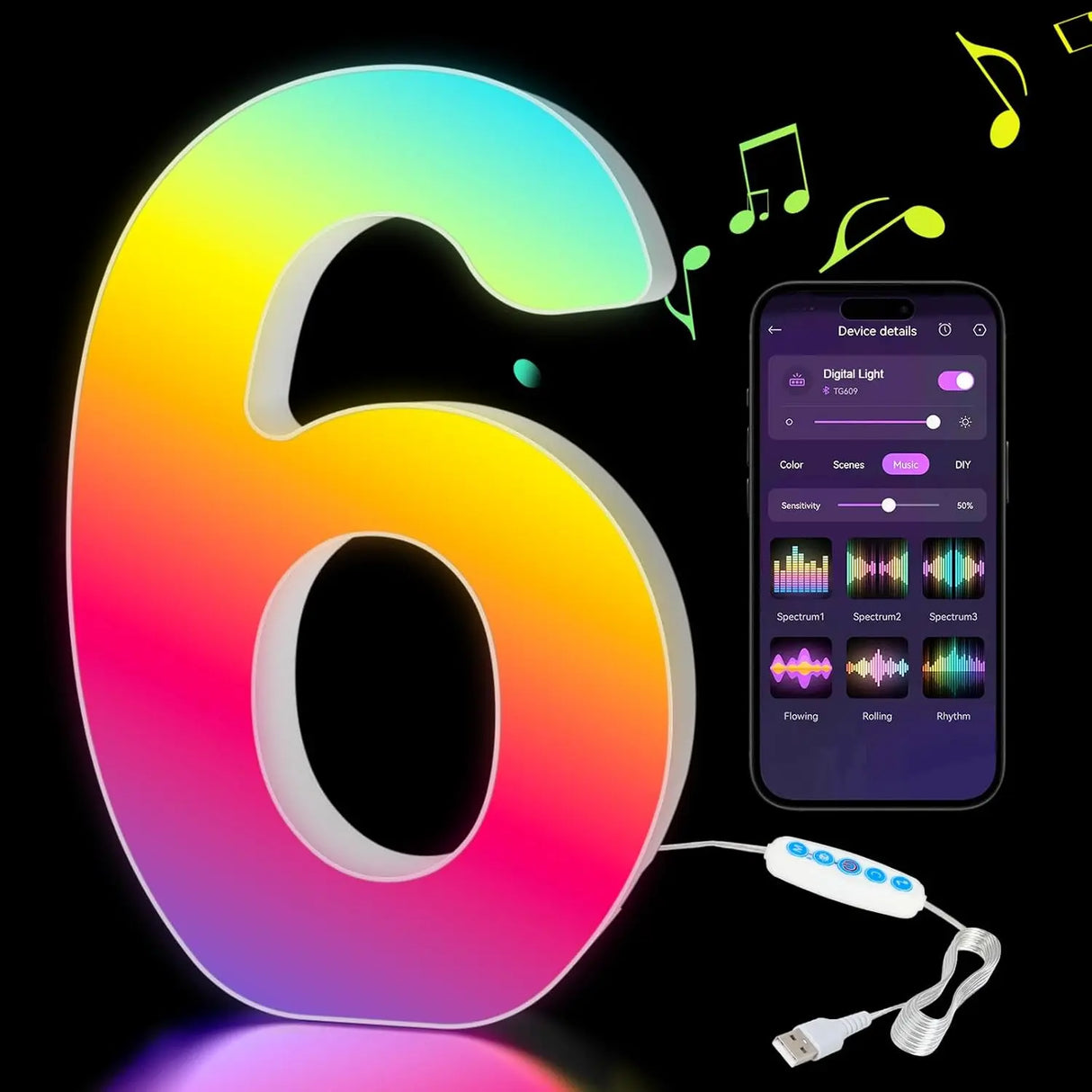 【LED装飾】LEDライト・デコレーションライト(数字/アルファベット)調光可能 レインボーカラー