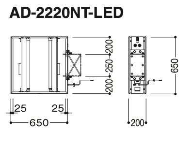 角型LED突出看板 AD-2220NT-LED W650×H650 外形寸法・取付寸法図