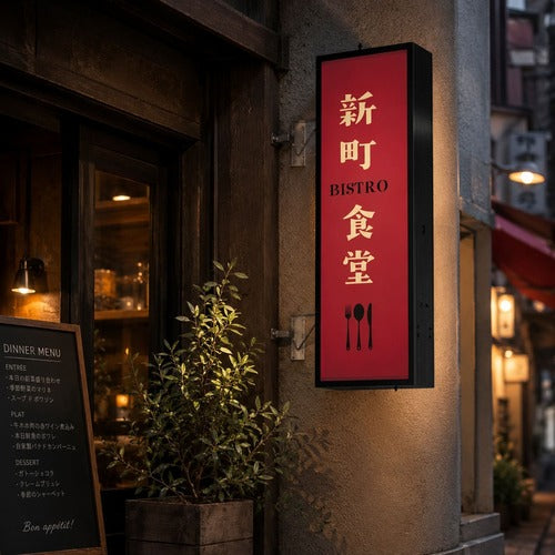縦長LED突出し看板の設置イメージ|ビストロの外壁に設置した黒フレーム店舗用サイン|誉PRINTING