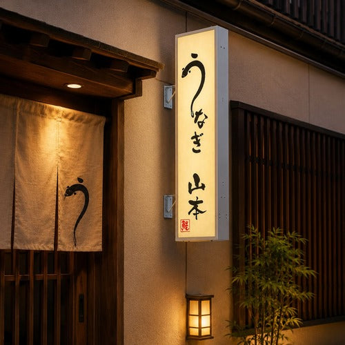 縦長LED突出し看板の設置イメージ|うなぎ店の外壁に設置したシルバーフレーム店舗用サイン|誉PRINTING