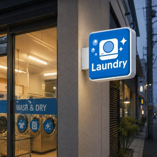 角型LED突出し看板の設置イメージ|コインランドリーの外壁に設置した店舗用サイン|誉PRINTING