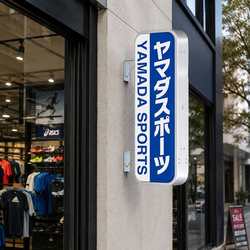 縦長LED突出し看板の設置イメージ|スポーツ用品店の外壁に設置した店舗用サイン|誉PRINTING