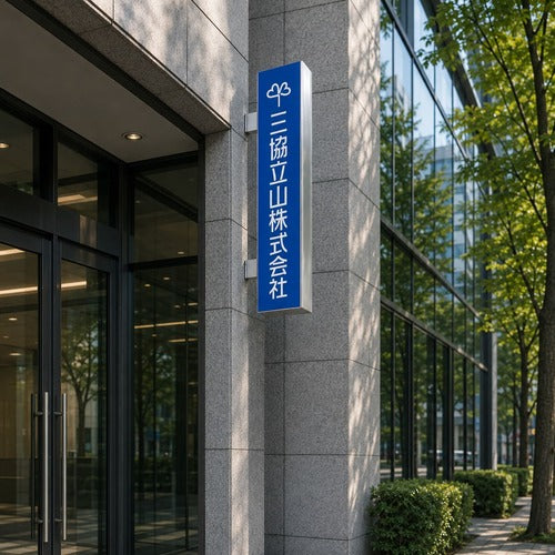 縦長突出し看板の設置イメージ|オフィス・企業エントランスの外壁に設置した店舗用看板|誉PRINTING