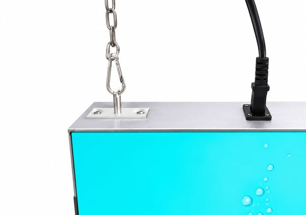 Hanging Boss Light 天吊り薄型ライトボックスの吊り下げ金具と電源ケーブル接続部|誉PRINTING