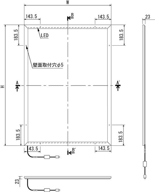 LED内照パネル FE934 壁面取付穴・LED配置寸法図|誉PRINTING