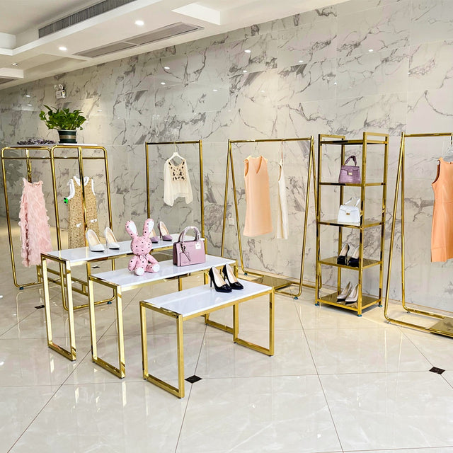 ブティックゴールド服ウォールラックネスティングテーブル服棚衣服ディスプレイラック衣料品店家具|誉PRINTING