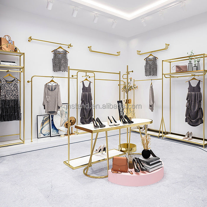 衣料品店のディスプレイラックステンレス鋼の洋服スタンド衣料品のディスプレイスタンド衣料品店の女性のためのゴールドディスプレイラック|誉PRINTING