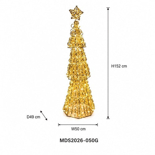 LEDクリスマスツリーオブジェ 152cm 星付き ゴールド装飾 サイズ・寸法画像|誉PRINTING