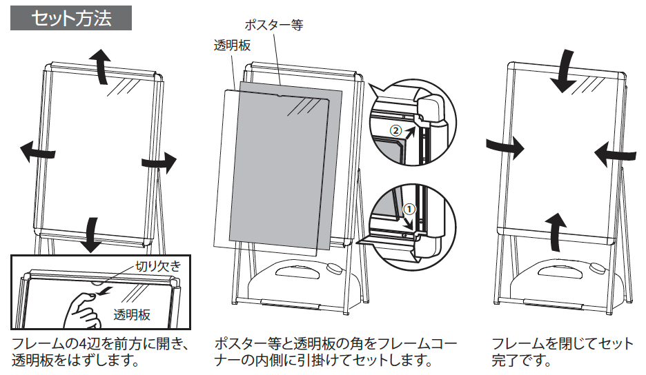 片面ポスタースタンド 省スペース設置 4辺開き