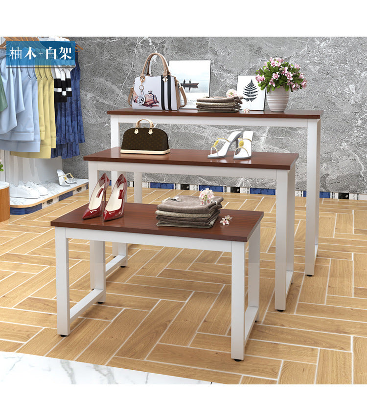 衣料品店小売女性バッグ靴ディスプレイテーブルセットモダンショールームアイアンウッドカウンターテーブル|誉PRINTING