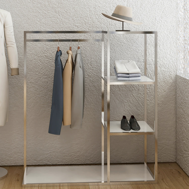 カスタムシャイニーゴールドステンレス鋼洋服スタンドヘビーデューティー衣料品店ディスプレイスタンドフロアタイプメタルラック|誉PRINTING