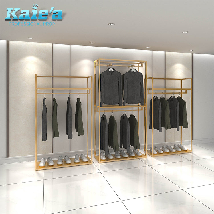 カスタムメタルハンギングディスプレイガーメントドレスラックゴールド洋服店家具衣類ディスプレイラック|誉PRINTING