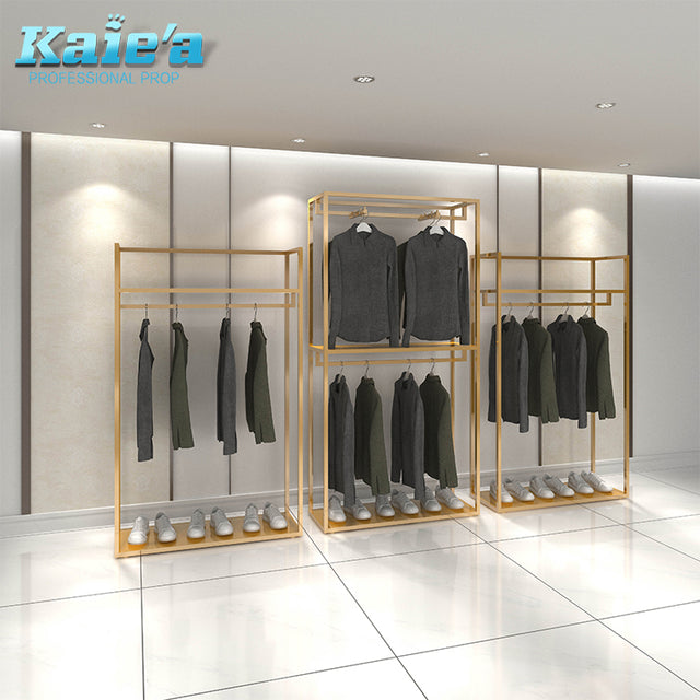 カスタムメタルハンギングディスプレイガーメントドレスラックゴールド洋服店家具衣類ディスプレイラック|誉PRINTING