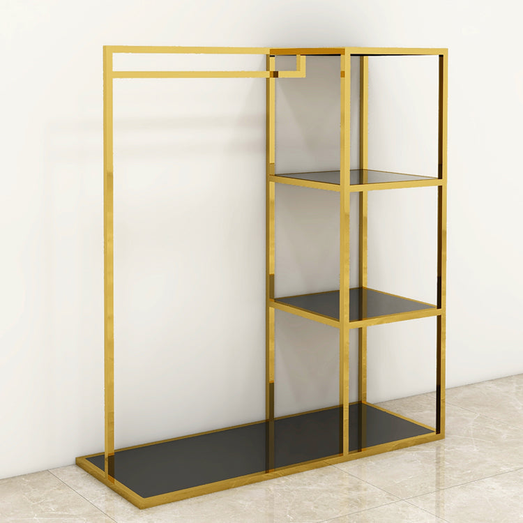 カスタムシャイニーゴールドステンレス鋼洋服スタンドヘビーデューティー衣料品店ディスプレイスタンドフロアタイプメタルラック|誉PRINTING