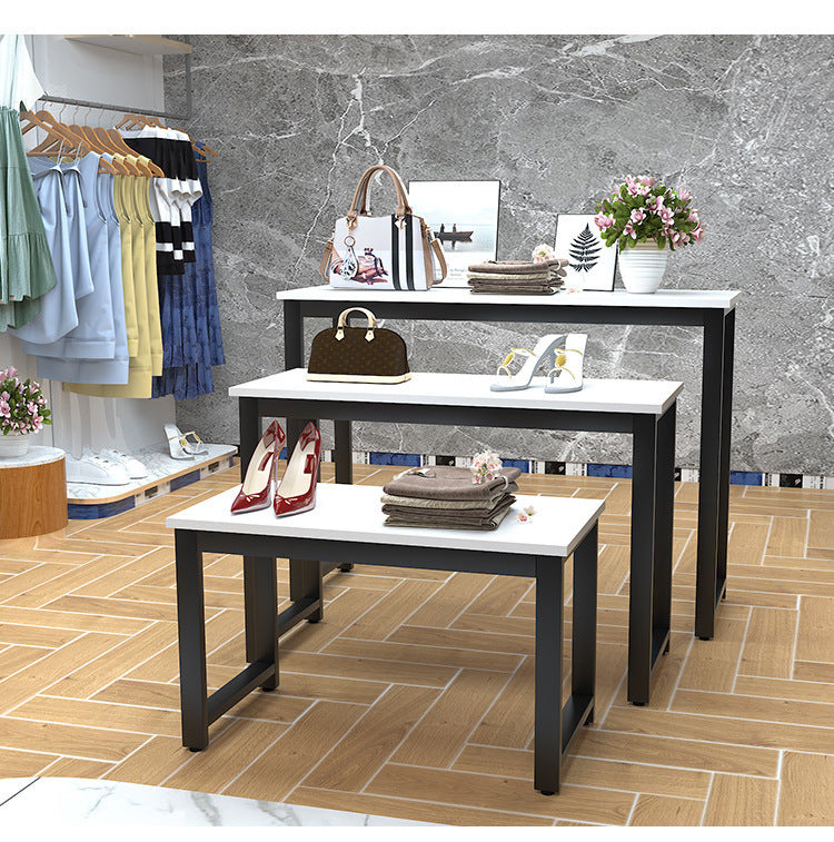 衣料品店小売女性バッグ靴ディスプレイテーブルセットモダンショールームアイアンウッドカウンターテーブル|誉PRINTING
