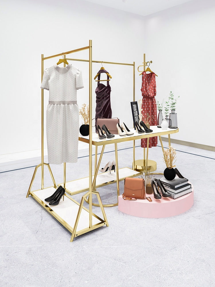 衣料品店のディスプレイラックステンレス鋼の洋服スタンド衣料品のディスプレイスタンド衣料品店の女性のためのゴールドディスプレイラック|誉PRINTING