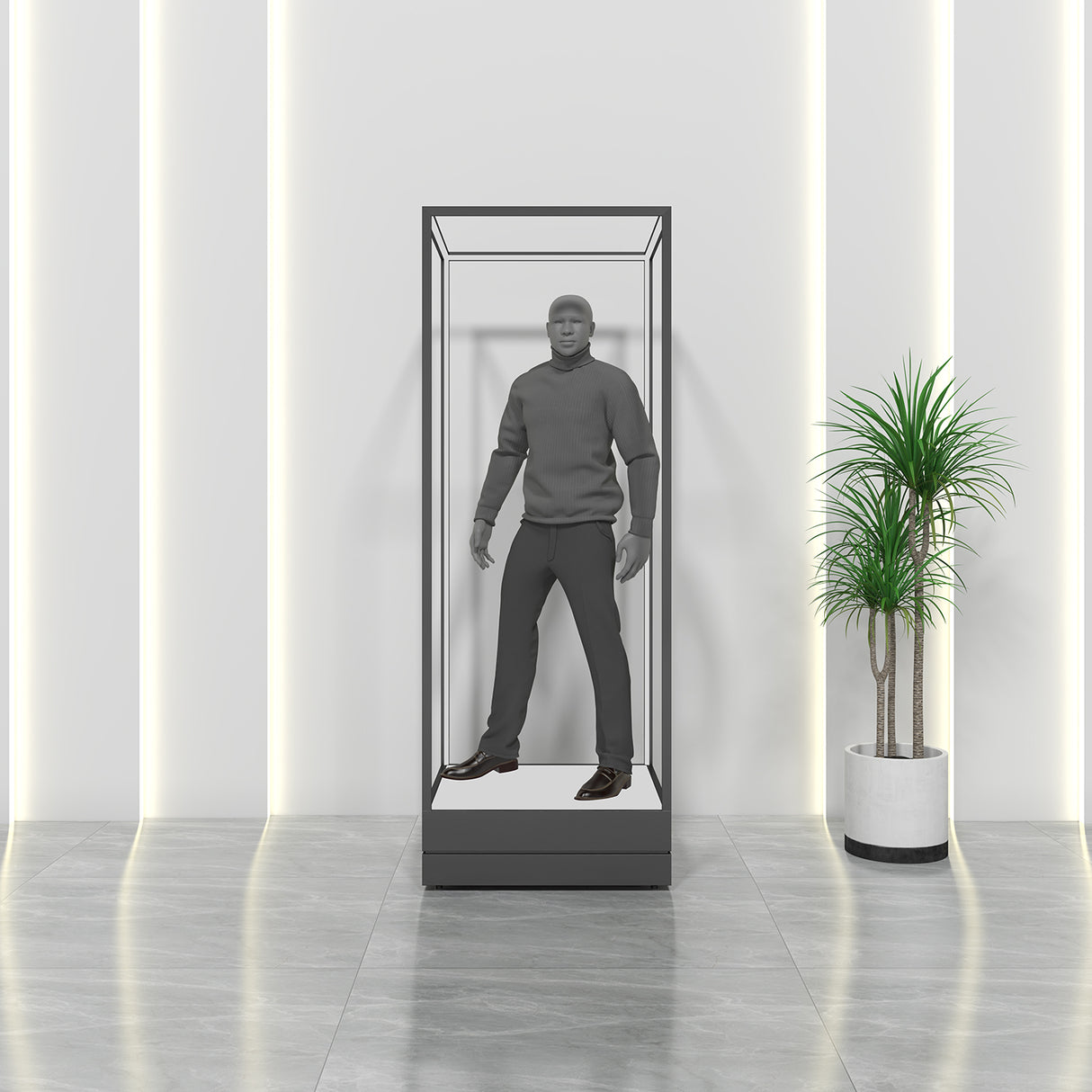 つや消しステンレス鋼発光ガラスディスプレイショーケース/強化ガラスディスプレイショーケースキャビネットメンズ衣類ディスプレイ/f|誉PRINTING