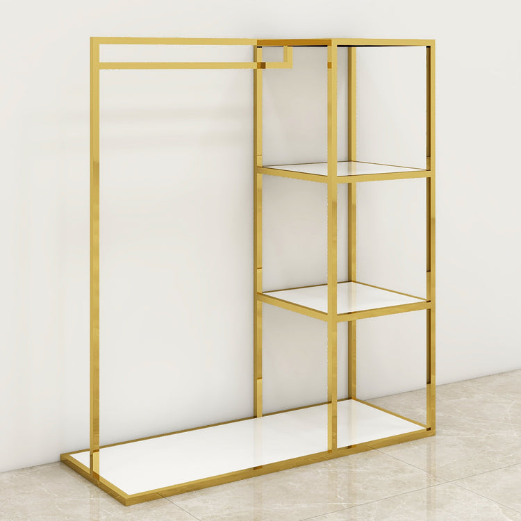 カスタムシャイニーゴールドステンレス鋼洋服スタンドヘビーデューティー衣料品店ディスプレイスタンドフロアタイプメタルラック|誉PRINTING
