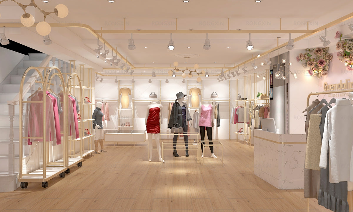 カスタムステンレス鋼布店ディスプレイスタンド女性服店ディスプレイラック金属小売ブティックゴールド服ラック|誉PRINTING