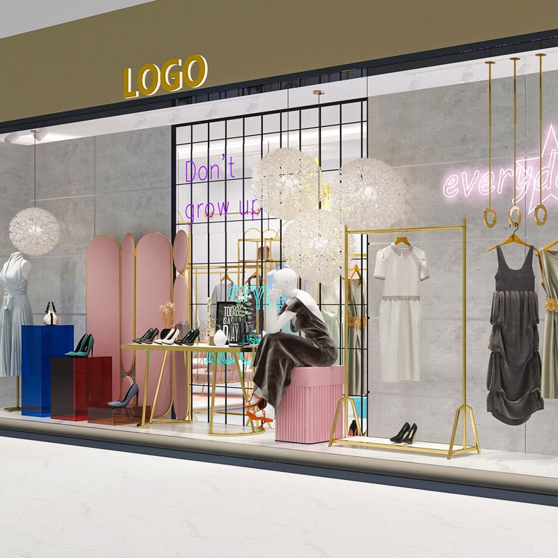 衣料品店のディスプレイラックステンレス鋼の洋服スタンド衣料品のディスプレイスタンド衣料品店の女性のためのゴールドディスプレイラック|誉PRINTING