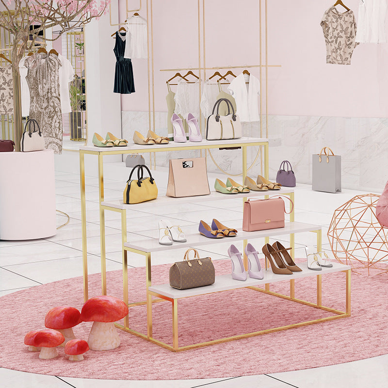 衣料品店小売女性バッグ靴ディスプレイテーブルセットモダンショールームアイアンウッドカウンターテーブル|誉PRINTING