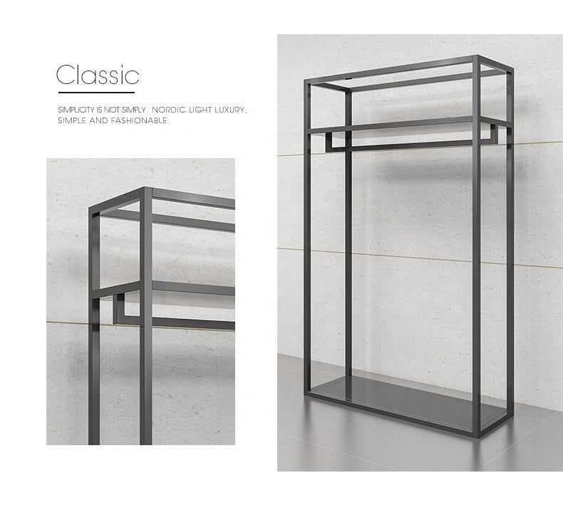 高級衣料品店衣料品店クロームメッキステンレス鋼光沢のあるゴールドブラック男性と女性の服のディスプレイスタンド|誉PRINTING