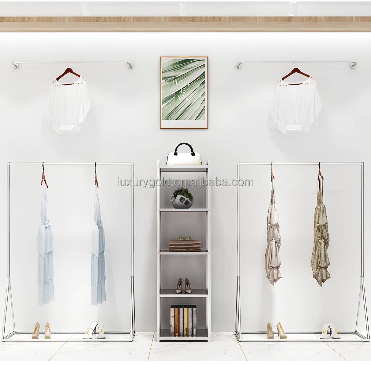 カスタマイズ製モダンゴールドハンガーラック&シェルフ|誉PRINTING