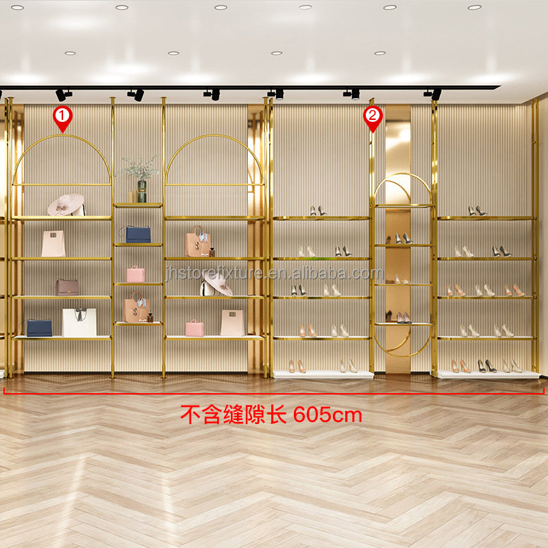 新しいデザイン豪華な壁掛けシャイニーゴールドステンレス鋼は衣料品店のためのロゴ服ディスプレイラックをカスタマイズします|誉PRINTING