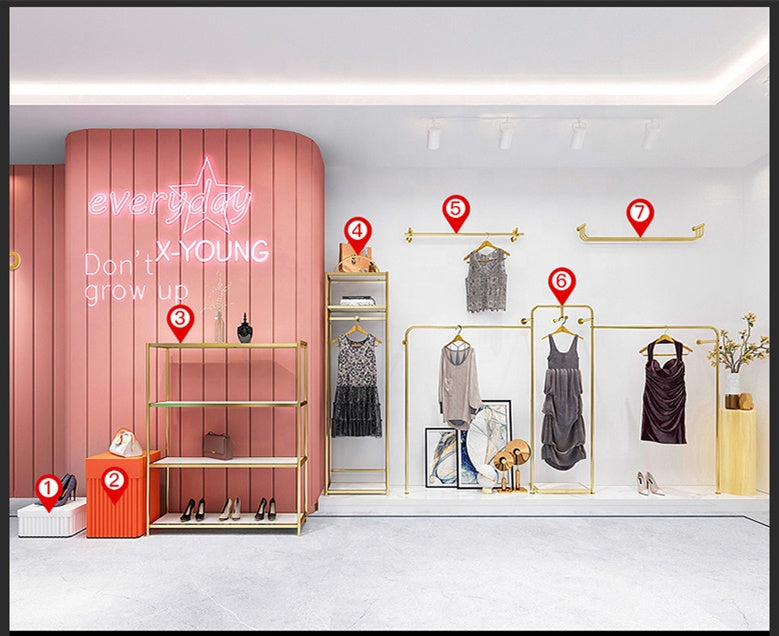 衣料品店のディスプレイラックステンレス鋼の洋服スタンド衣料品のディスプレイスタンド衣料品店の女性のためのゴールドディスプレイラック|誉PRINTING