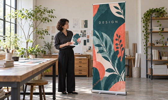 確認用紙を持つ女性と植物柄のロールアップバナー｜誉PRINTING